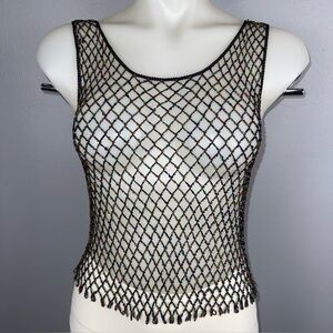 Bebe Beaded Fishnet Tank Top Women’s *S/M  Black Multicolor Festival Sheer *READ